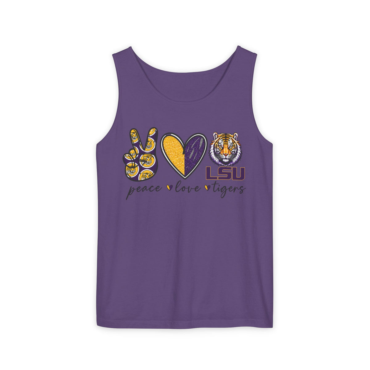 Peace Love Tigers Tank Top,LSU Game Day Tank, Purple Gold Football Shirt, Womens Comfort Colors Tank, Southern College Fan Gift