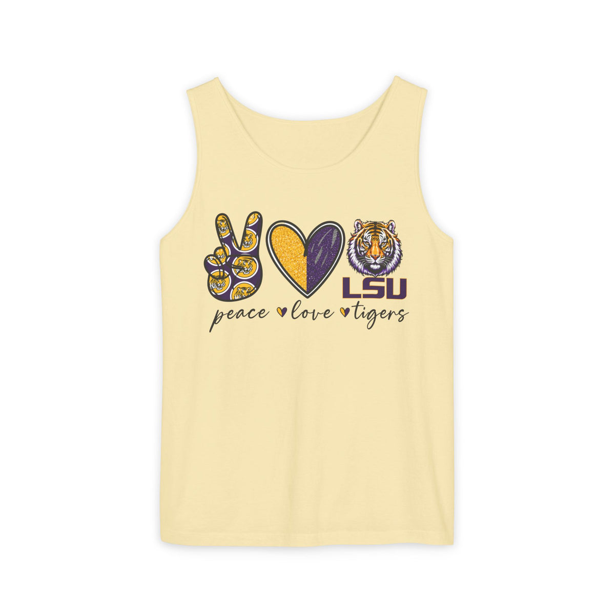Peace Love Tigers Tank Top,LSU Game Day Tank, Purple Gold Football Shirt, Womens Comfort Colors Tank, Southern College Fan Gift