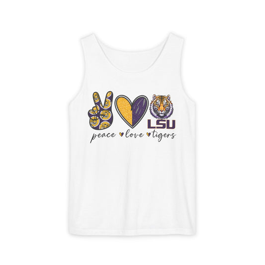 Peace Love Tigers Tank Top,LSU Game Day Tank, Purple Gold Football Shirt, Womens Comfort Colors Tank, Southern College Fan Gift