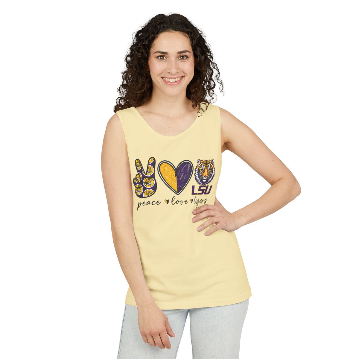 Peace Love Tigers Tank Top,LSU Game Day Tank, Purple Gold Football Shirt, Womens Comfort Colors Tank, Southern College Fan Gift