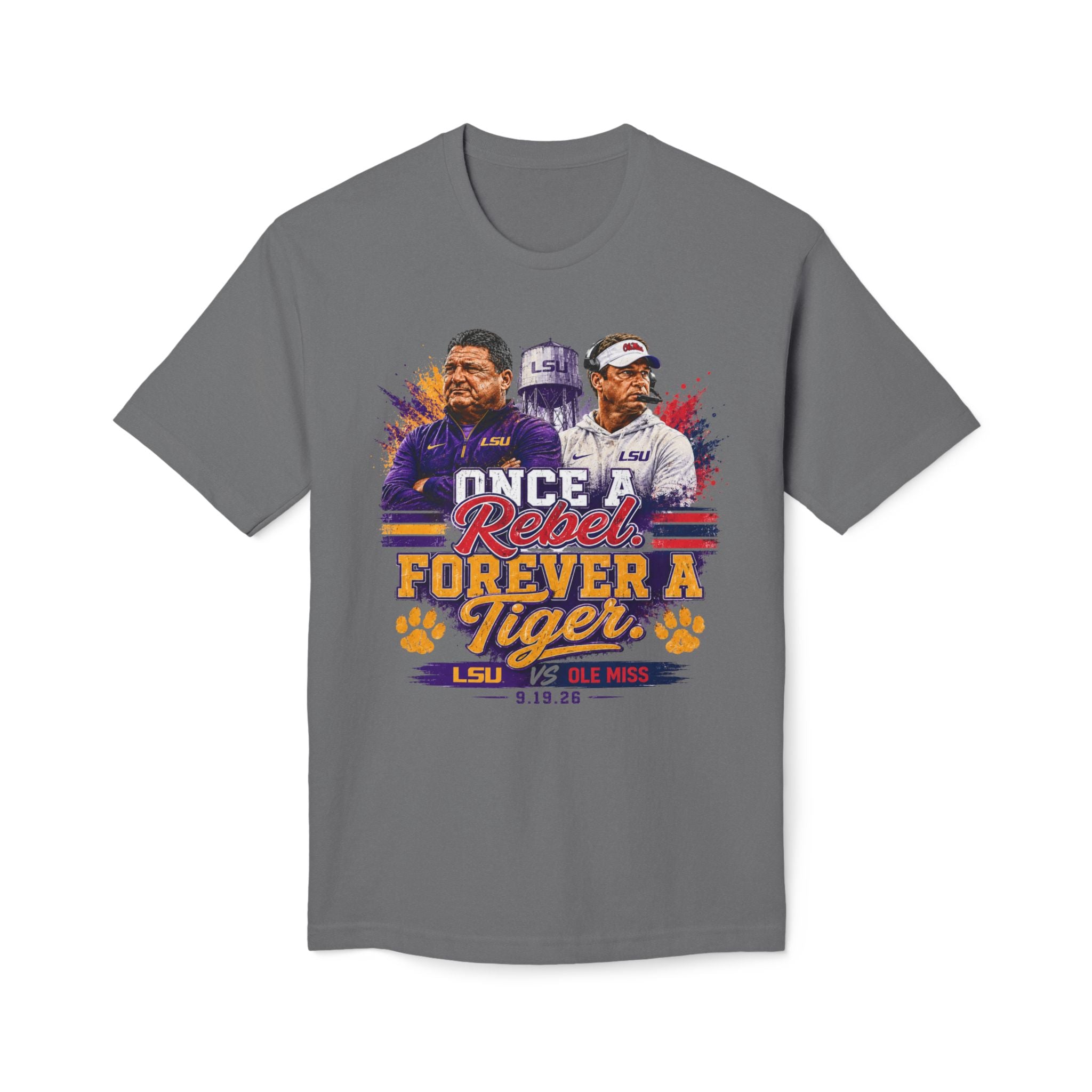 LSU vs Ole Miss Inspired Shirt | Purple & Gold Tiger Eye Graphic Tee | Louisiana Football Fan Shirt | Game Day Back Print