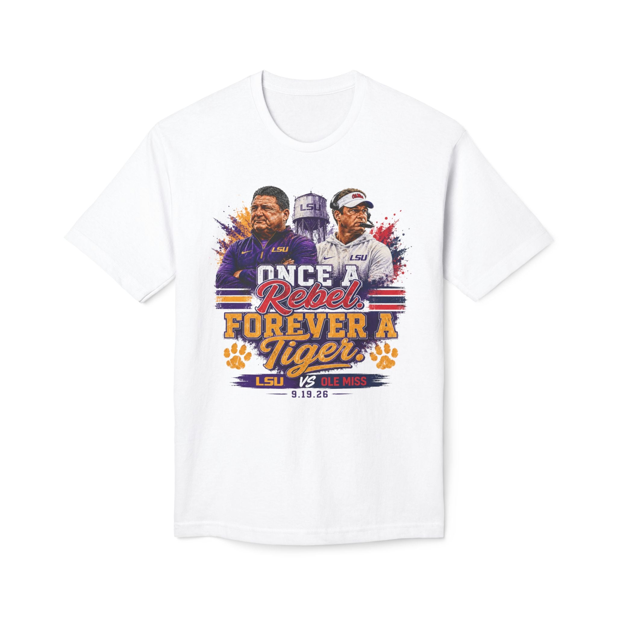 LSU vs Ole Miss Inspired Shirt | Purple & Gold Tiger Eye Graphic Tee | Louisiana Football Fan Shirt | Game Day Back Print