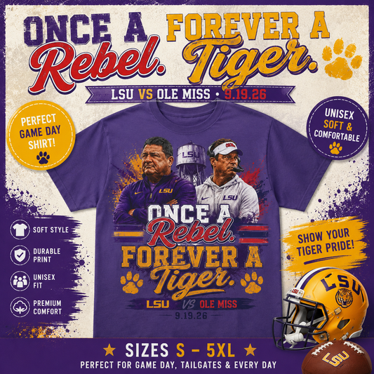LSU vs Ole Miss Inspired Shirt | Purple & Gold Tiger Eye Graphic Tee | Louisiana Football Fan Shirt | Game Day Back Print
