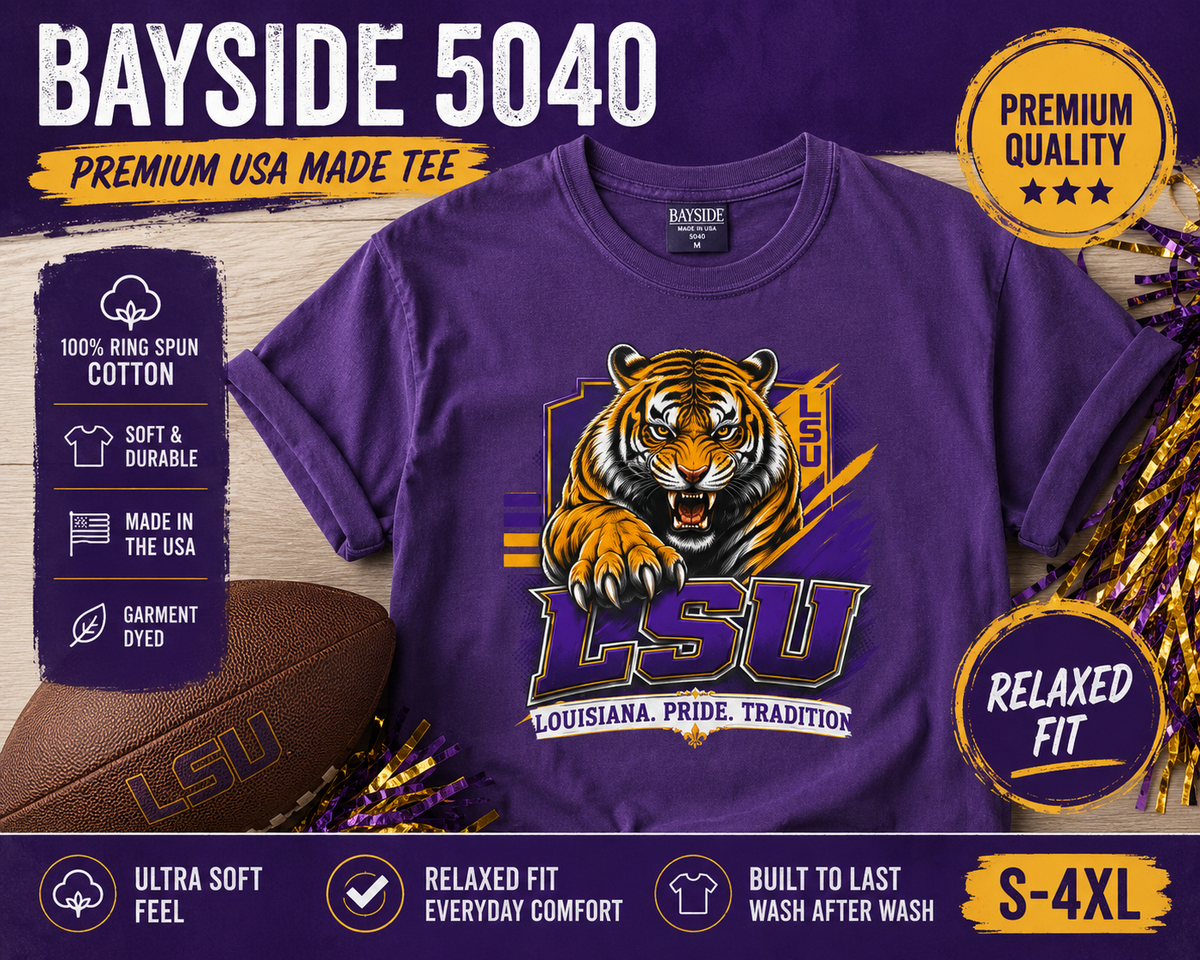 LSU Inspired Shirt | Purple & Gold Tiger Eye Graphic Tee | Louisiana Football Fan Shirt | Game Day Back Print