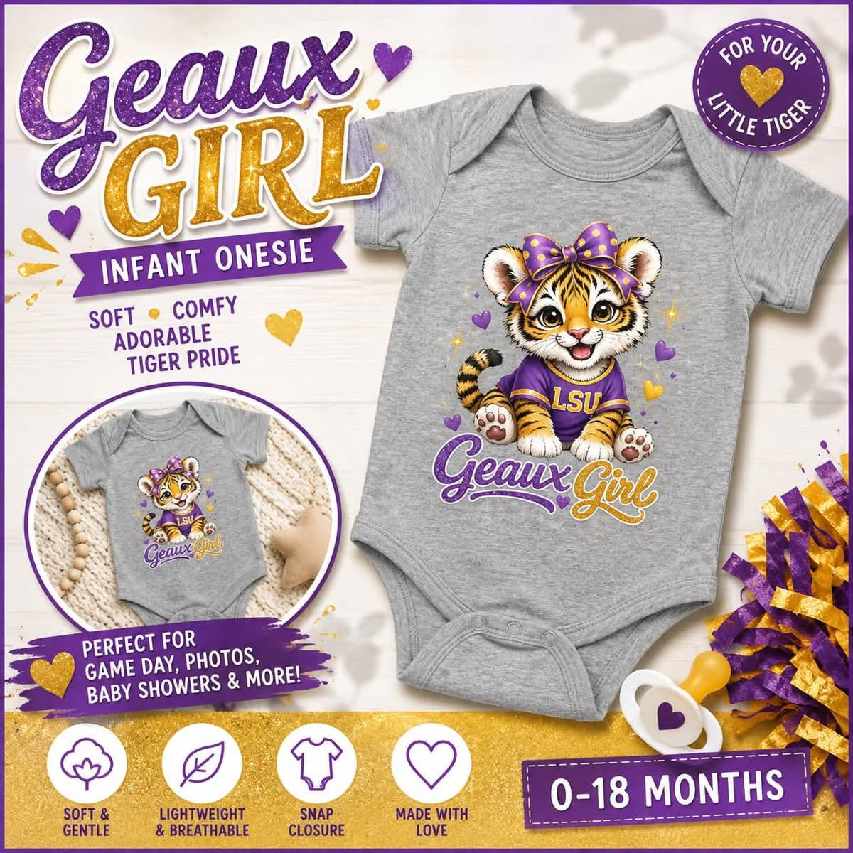Geaux Girl LSU Tiger Infant Bodysuit — LSU Inspired Baby Announcement