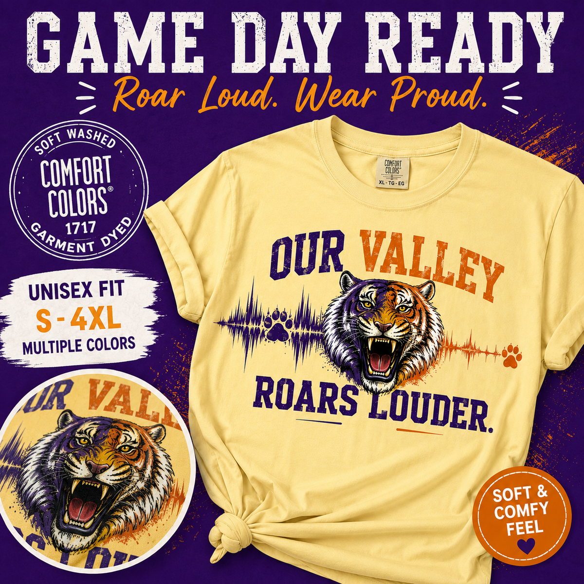 Our Valley Roars Louder Shirt, Death Valley Football Tee, Purple Gold Tiger Fan Shirt, Game Day Comfort Colors 1717 Tee