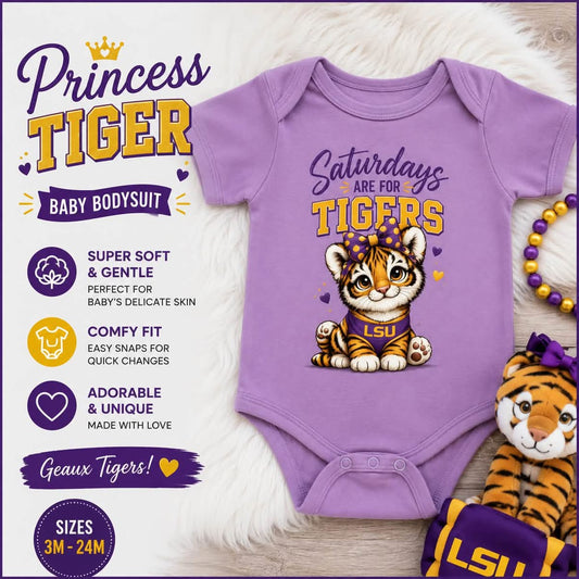 Princess Tiger Baby Bodysuit | LSU Baby Girl Outfit | Purple Gold Tiger Onesie | Baby Shower Gift | Football Baby Clothes