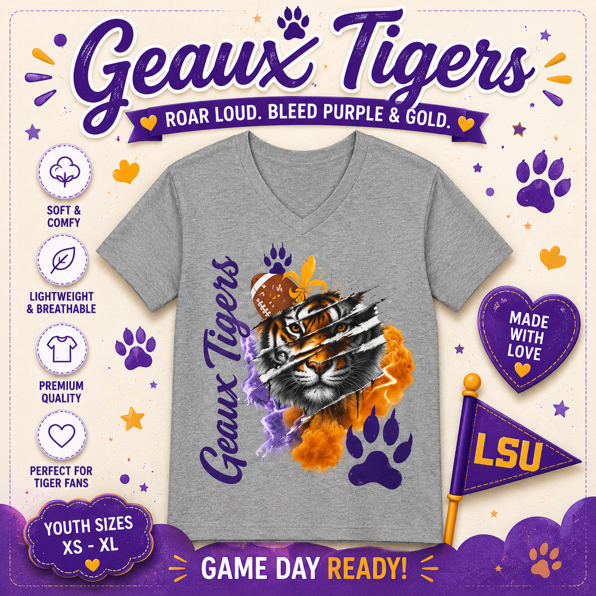 Geaux Tigers Shirt, LSU Inspired Tiger Tee, Comfort Colors Game Day Shirt, Purple Gold Football Shirt, Tiger Fan Gift