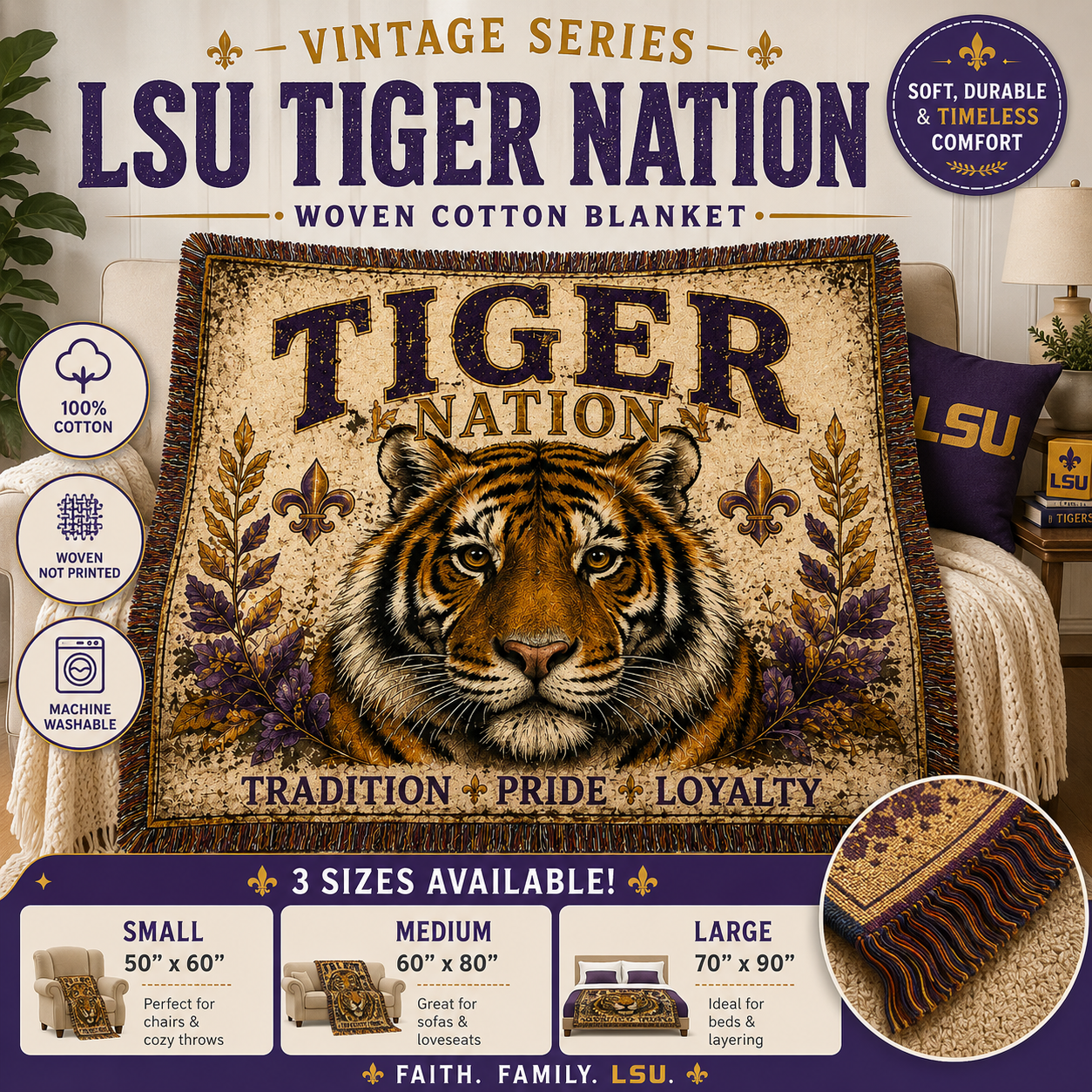LSU Tiger Woven Blanket | Collegiate Tiger Throw