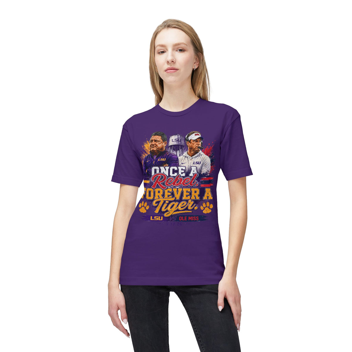 LSU vs Ole Miss Inspired Shirt | Purple & Gold Tiger Eye Graphic Tee | Louisiana Football Fan Shirt | Game Day Back Print