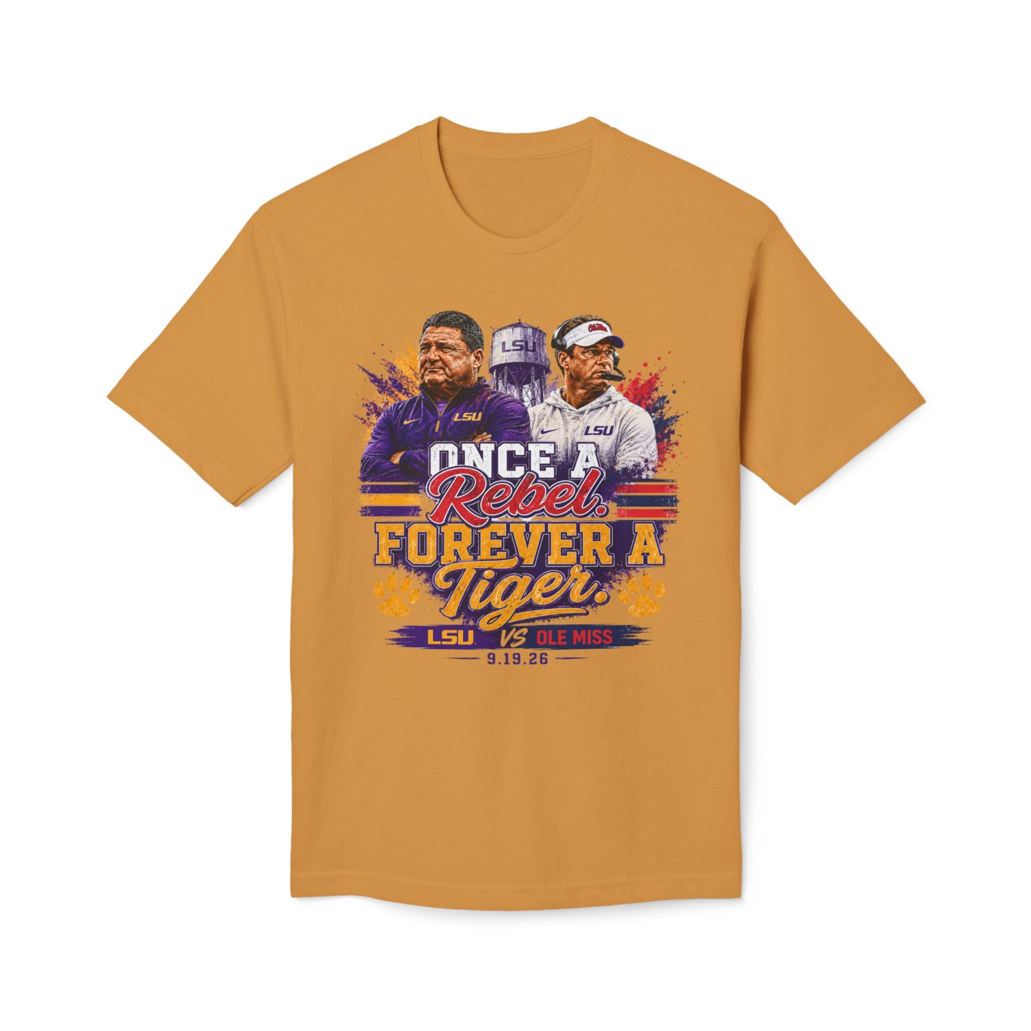 LSU vs Ole Miss Inspired Shirt | Purple & Gold Tiger Eye Graphic Tee | Louisiana Football Fan Shirt | Game Day Back Print