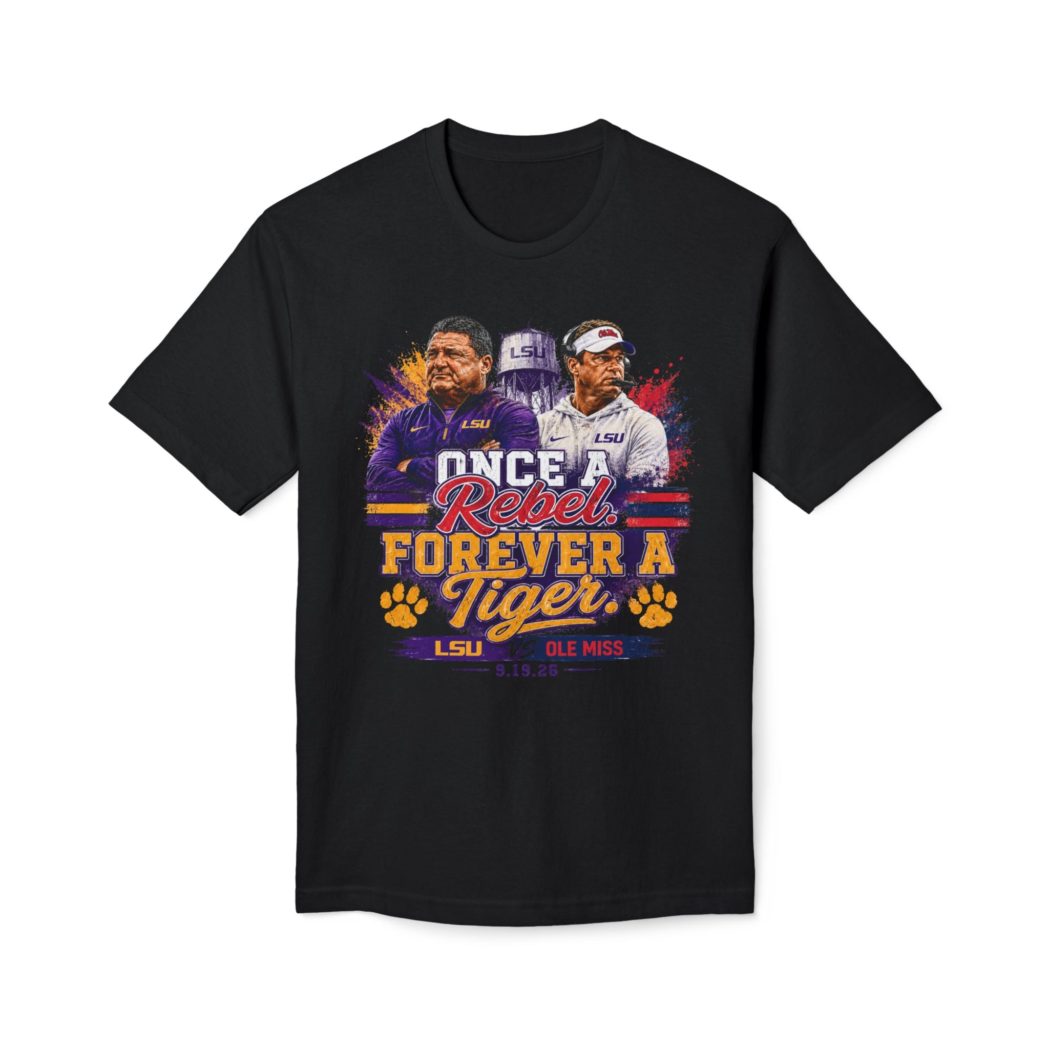 LSU vs Ole Miss Inspired Shirt | Purple & Gold Tiger Eye Graphic Tee | Louisiana Football Fan Shirt | Game Day Back Print